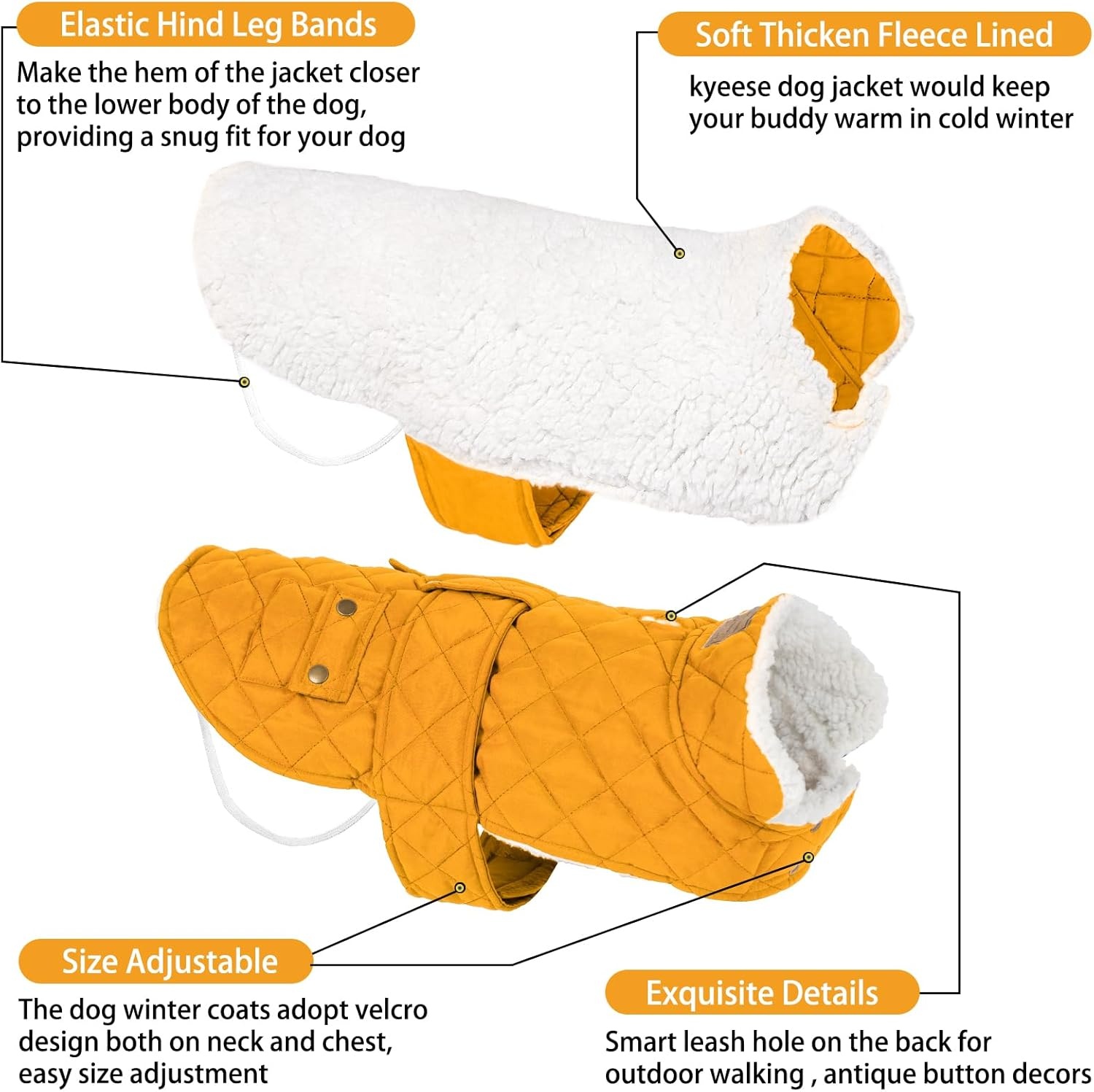 image:imageKYEESE Dog Coat Thick Pets Clothes with Pocket Windproof Dog Coats for Small Dogs Waterproof Dogs Jacket with Fleece Lined Warm Pet Winter Puffer Coat with Leash Hole Soft Pet Sweater for Cold Weather08 Yellow