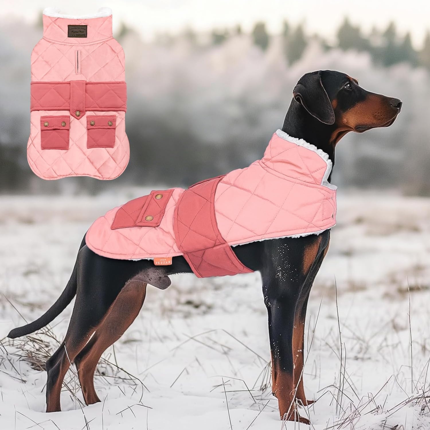 image:imageKYEESE Dog Coat Thick Pets Clothes with Pocket Windproof Dog Coats for Small Dogs Waterproof Dogs Jacket with Fleece Lined Warm Pet Winter Puffer Coat with Leash Hole Soft Pet Sweater for Cold Weather04 Pink