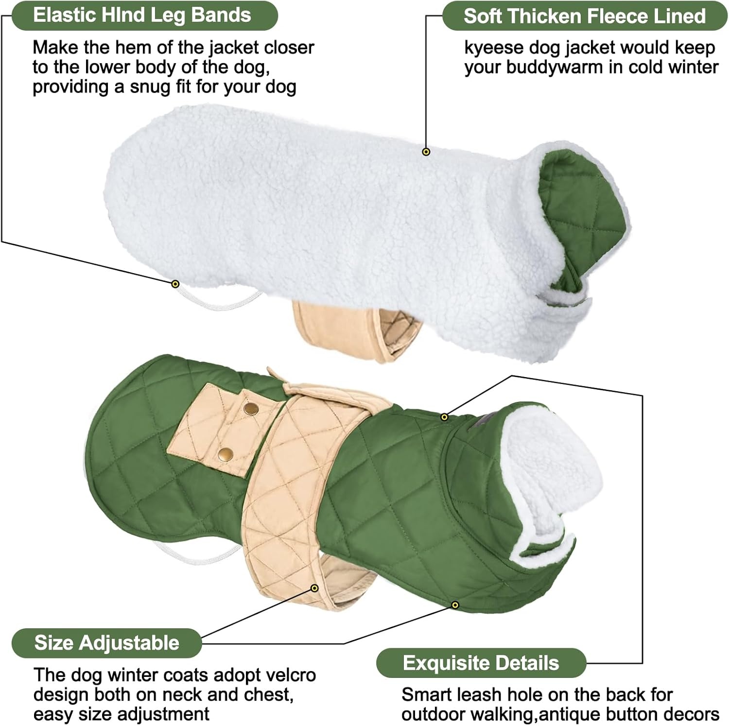 image:imageKYEESE Dog Coat Thick Pets Clothes with Pocket Windproof Dog Coats for Small Dogs Waterproof Dogs Jacket with Fleece Lined Warm Pet Winter Puffer Coat with Leash Hole Soft Pet Sweater for Cold Weather11 Green