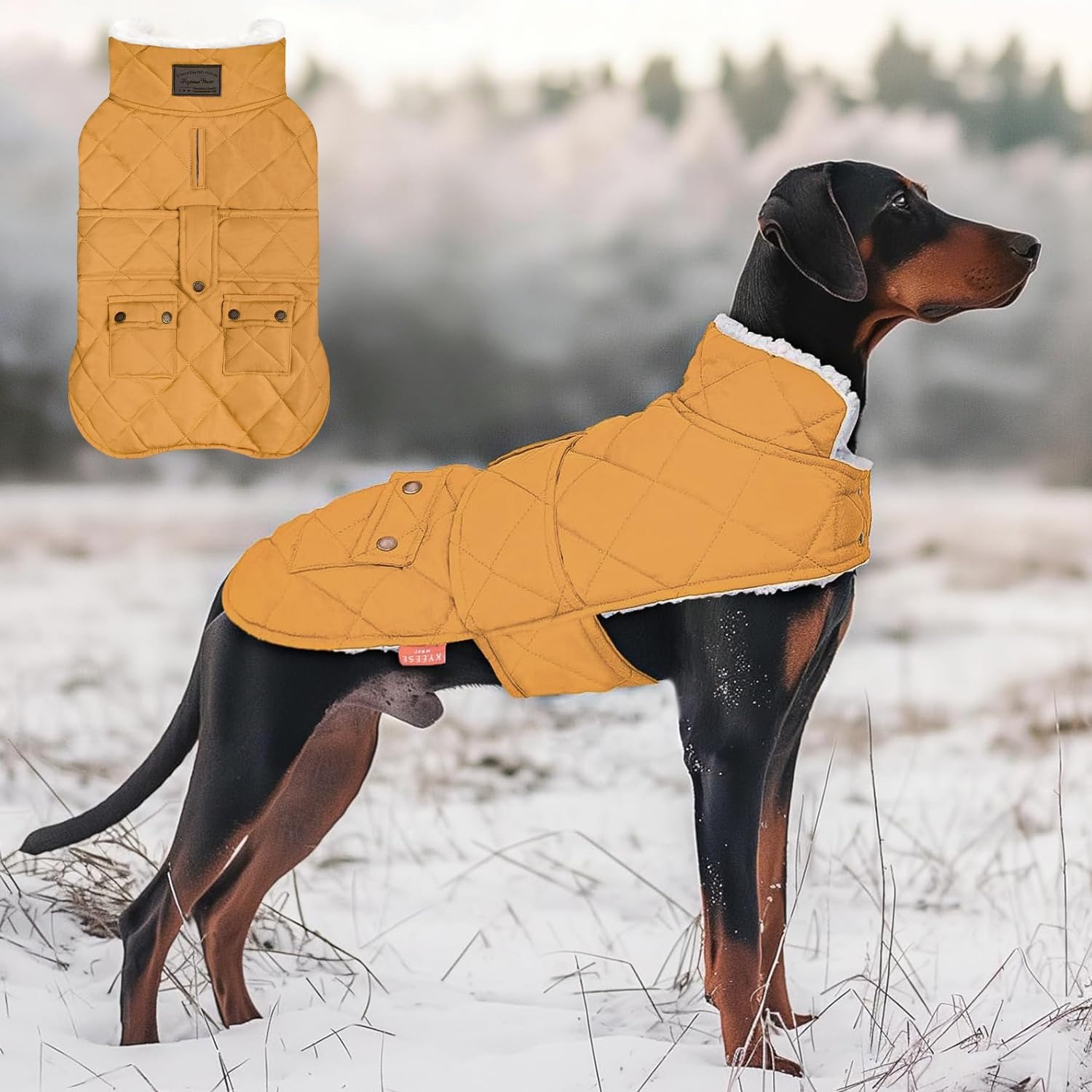 image:imageKYEESE Dog Coat Thick Pets Clothes with Pocket Windproof Dog Coats for Small Dogs Waterproof Dogs Jacket with Fleece Lined Warm Pet Winter Puffer Coat with Leash Hole Soft Pet Sweater for Cold Weather08 Yellow