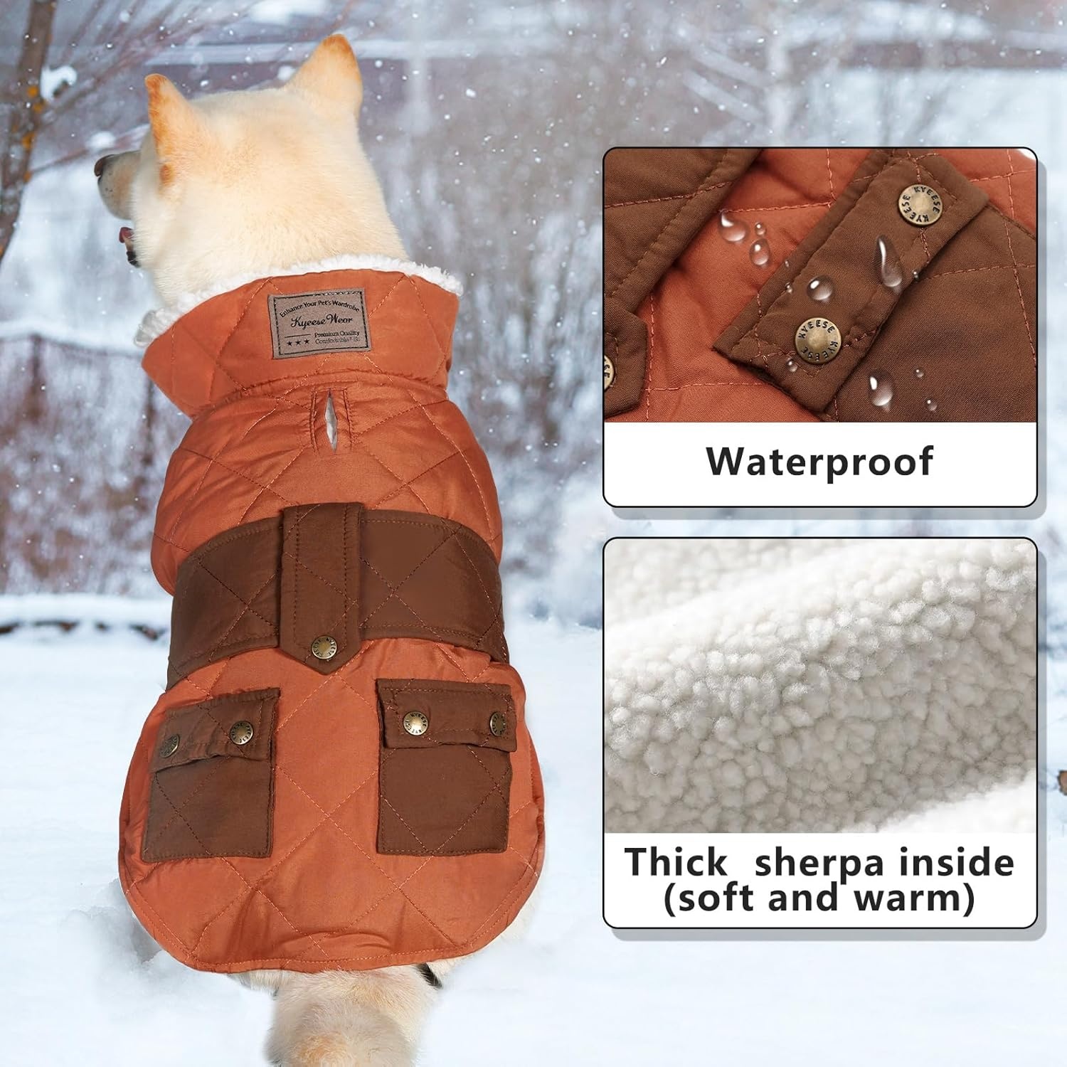 image:imageKYEESE Dog Coat Thick Pets Clothes with Pocket Windproof Dog Coats for Small Dogs Waterproof Dogs Jacket with Fleece Lined Warm Pet Winter Puffer Coat with Leash Hole Soft Pet Sweater for Cold Weather09 Brown