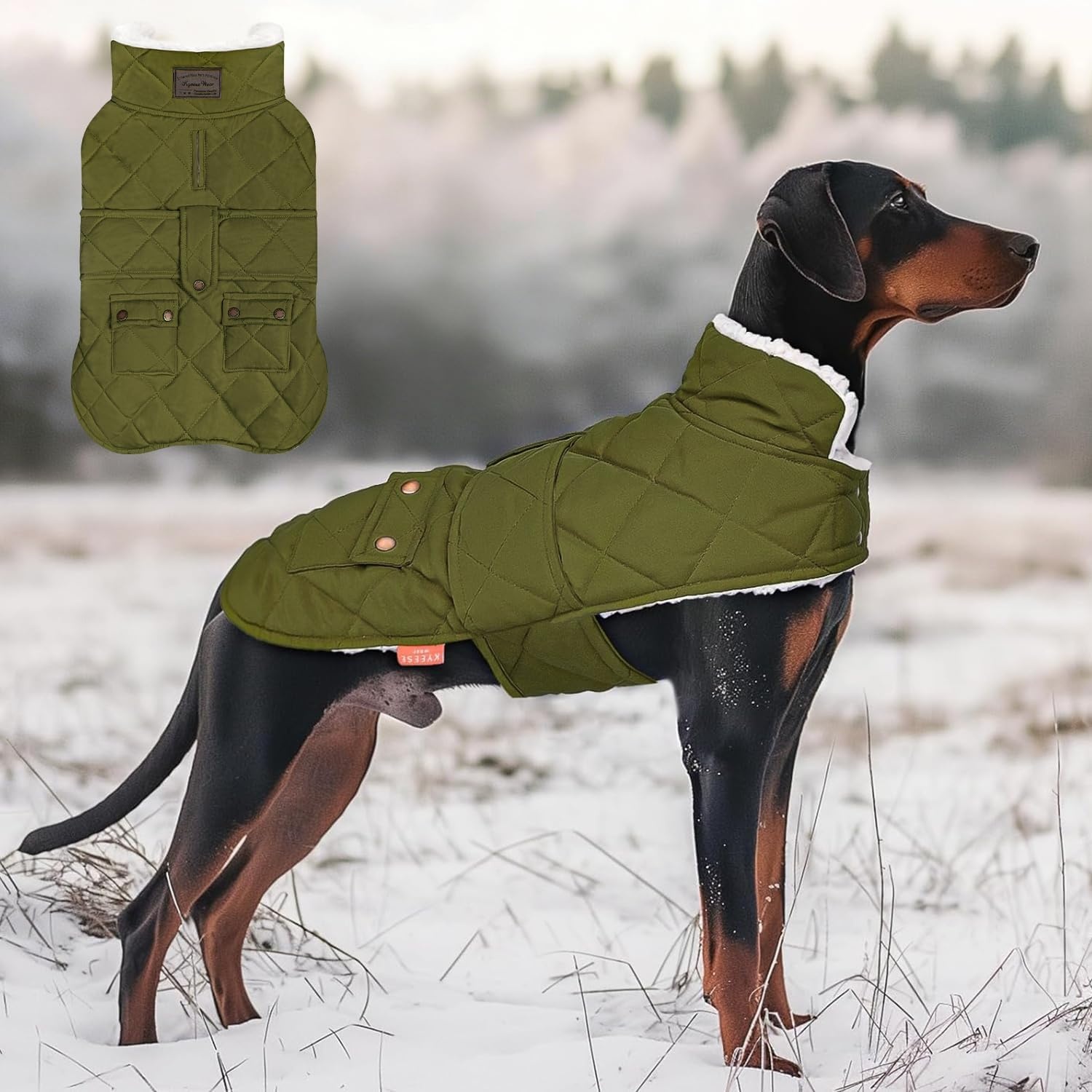 image:imageKYEESE Dog Coat Thick Pets Clothes with Pocket Windproof Dog Coats for Small Dogs Waterproof Dogs Jacket with Fleece Lined Warm Pet Winter Puffer Coat with Leash Hole Soft Pet Sweater for Cold Weather06 Army Green