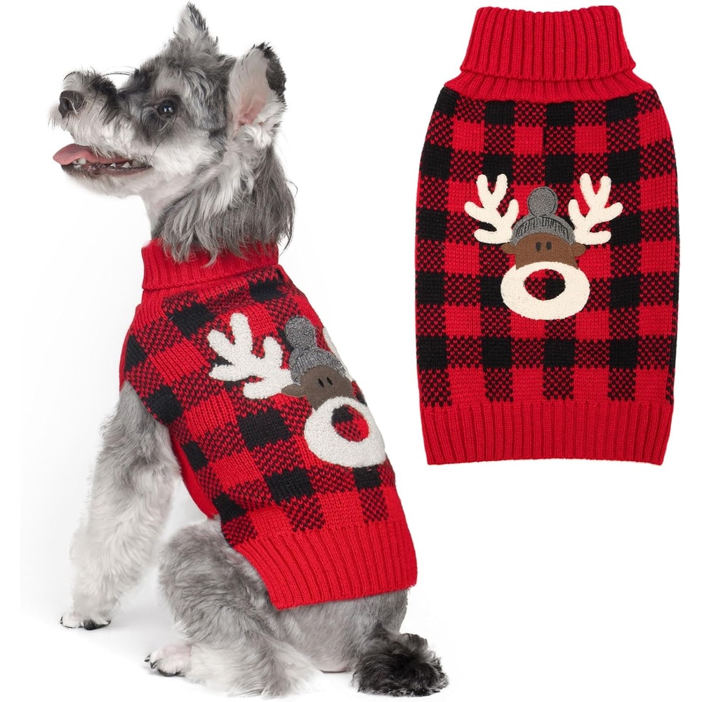 image:imageKYEESE Dog Christmas Sweater with Reindeer Pattern Cozy Holiday Outfit Turtleneck Dog Sweater for Small Dogs with Leash Hole Red Buffalo Plaid Knitwear Soft Warm Festival Dogs Clothes Large3Christmas