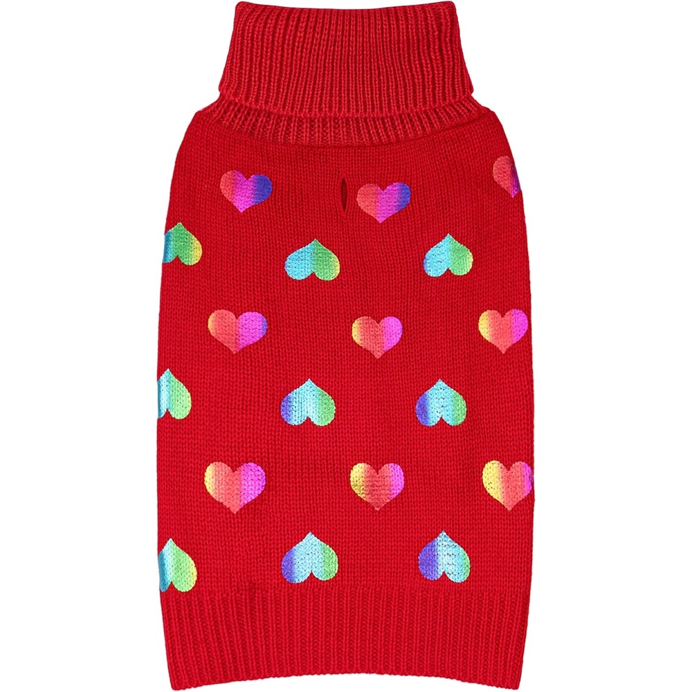 image:imageKYEESE Dog Christmas Sweater with Reindeer Pattern Cozy Holiday Outfit Turtleneck Dog Sweater for Small Dogs with Leash Hole Red Buffalo Plaid Knitwear Soft Warm Festival Dogs Clothes Large2 Heart Red