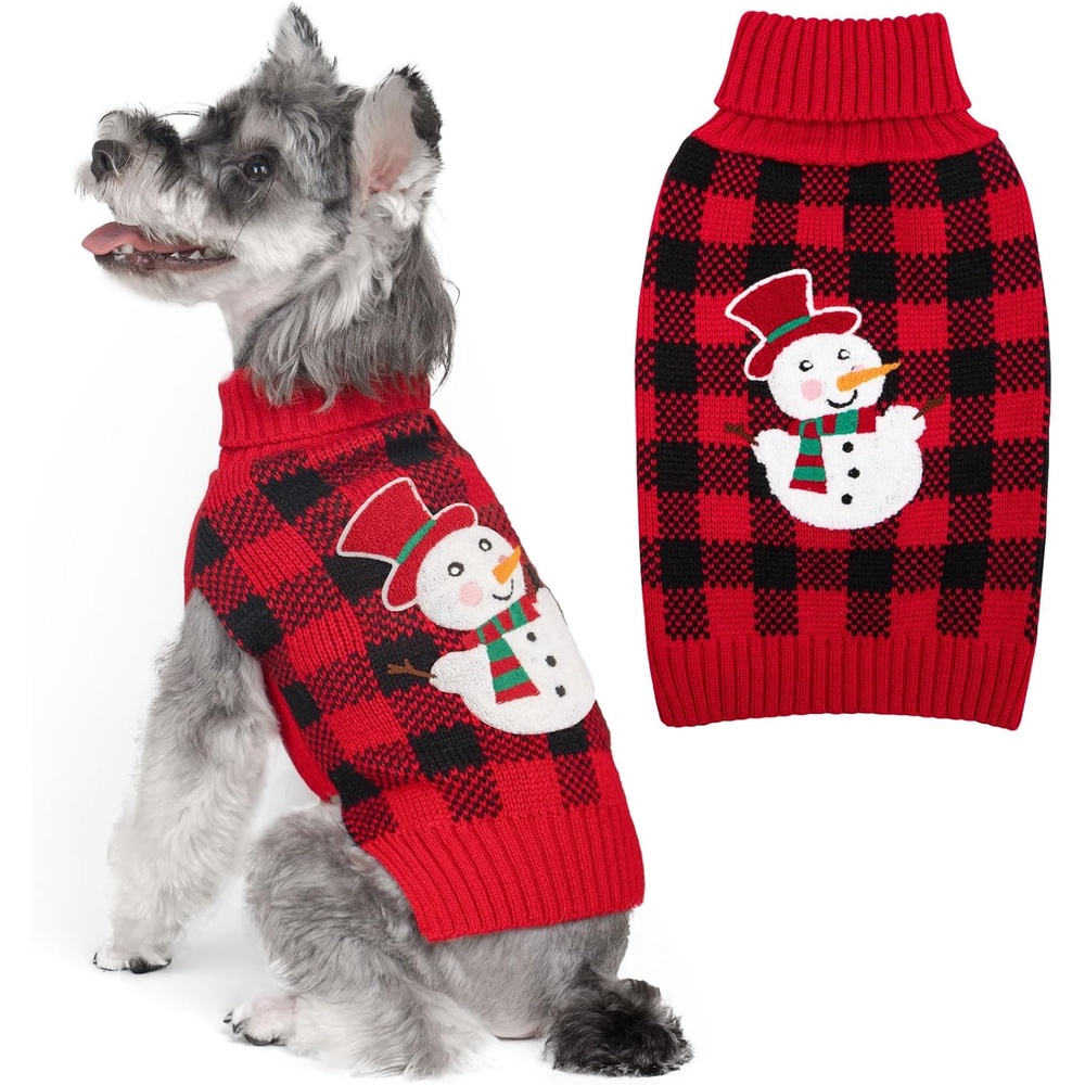 image:imageKYEESE Dog Christmas Sweater with Reindeer Pattern Cozy Holiday Outfit Turtleneck Dog Sweater for Small Dogs with Leash Hole Red Buffalo Plaid Knitwear Soft Warm Festival Dogs Clothes Large4 Snowman