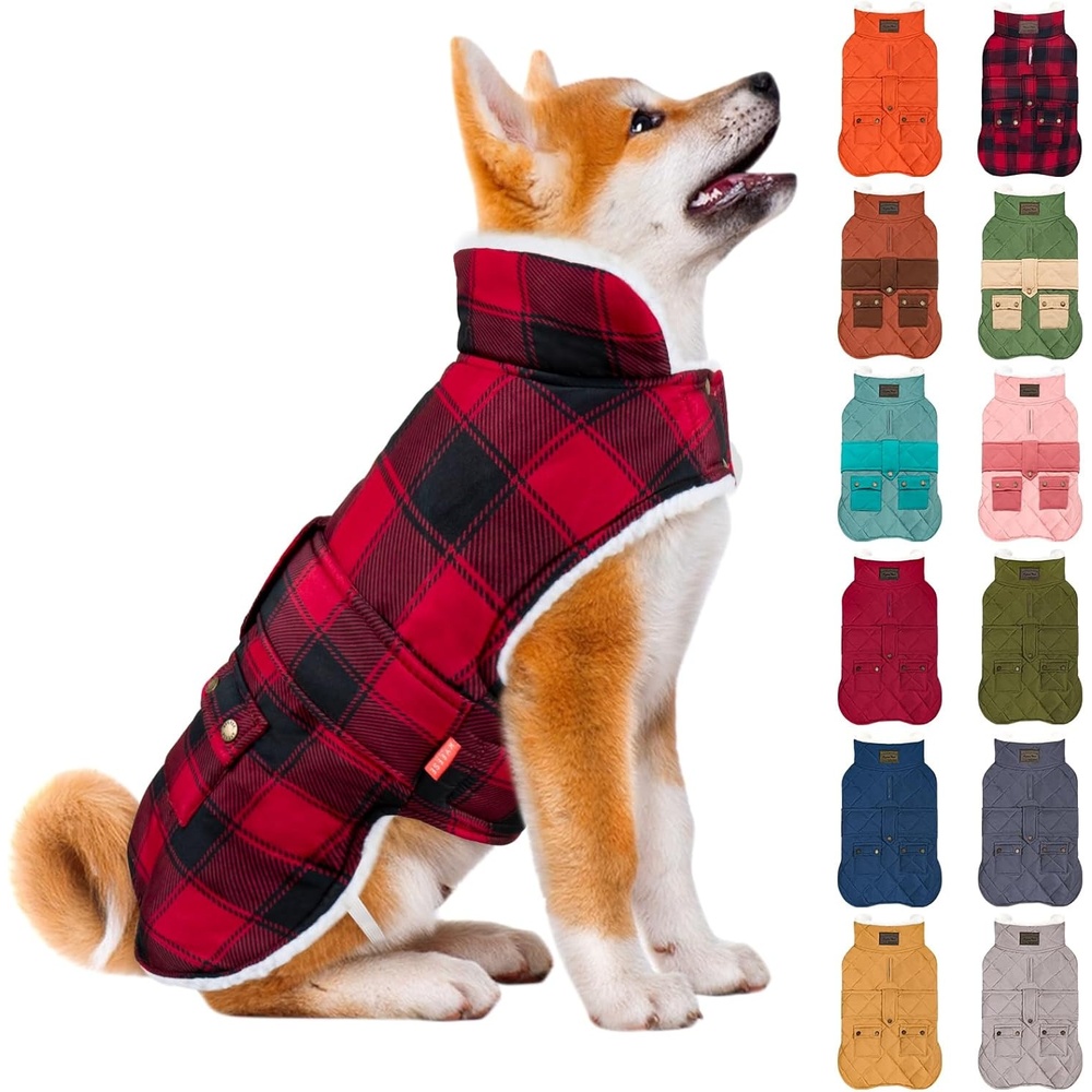 image:imageKYEESE Dog Coat Thick Pets Clothes with Pocket Windproof Dog Coats for Small Dogs Waterproof Dogs Jacket with Fleece Lined Warm Pet Winter Puffer Coat with Leash Hole Soft Pet Sweater for Cold Weather12Red Plaid