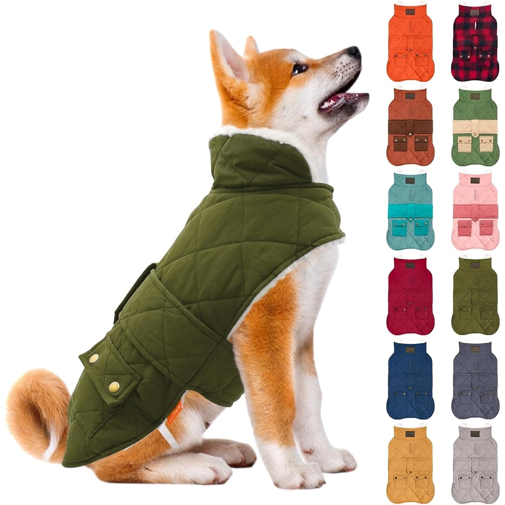 image:imageKYEESE Dog Coat Thick Pets Clothes with Pocket Windproof Dog Coats for Small Dogs Waterproof Dogs Jacket with Fleece Lined Warm Pet Winter Puffer Coat with Leash Hole Soft Pet Sweater for Cold Weather06 Army Green