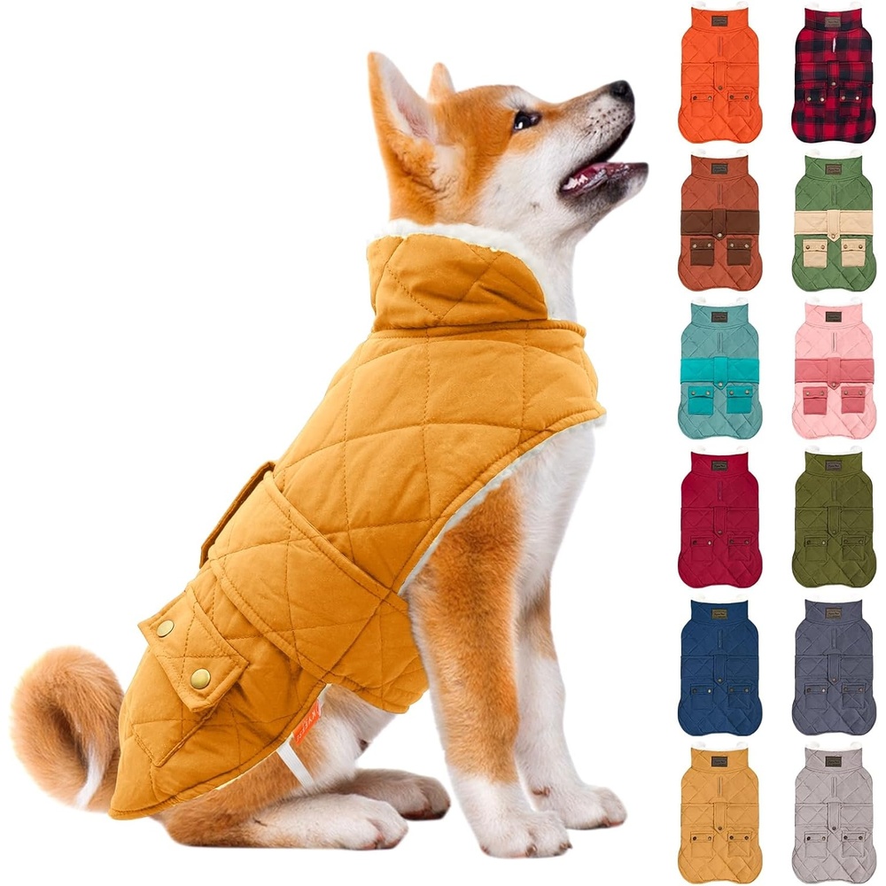 image:imageKYEESE Dog Coat Thick Pets Clothes with Pocket Windproof Dog Coats for Small Dogs Waterproof Dogs Jacket with Fleece Lined Warm Pet Winter Puffer Coat with Leash Hole Soft Pet Sweater for Cold Weather08 Yellow