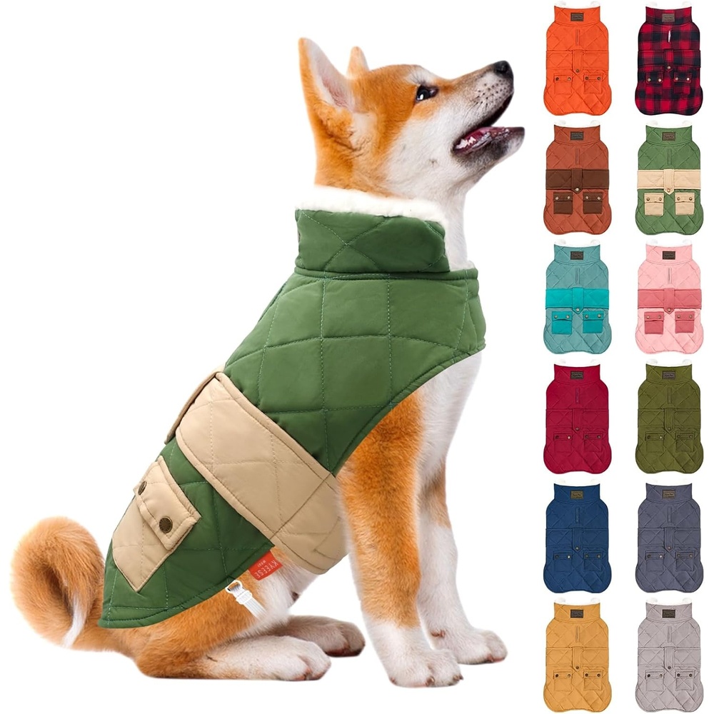 image:imageKYEESE Dog Coat Thick Pets Clothes with Pocket Windproof Dog Coats for Small Dogs Waterproof Dogs Jacket with Fleece Lined Warm Pet Winter Puffer Coat with Leash Hole Soft Pet Sweater for Cold Weather11 Green