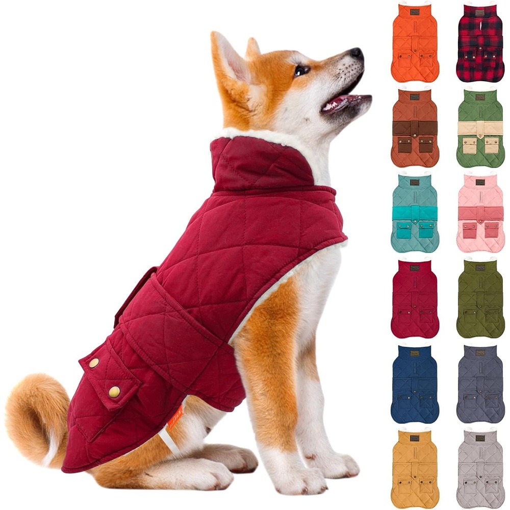 image:imageKYEESE Dog Coat Thick Pets Clothes with Pocket Windproof Dog Coats for Small Dogs Waterproof Dogs Jacket with Fleece Lined Warm Pet Winter Puffer Coat with Leash Hole Soft Pet Sweater for Cold Weather02 Red