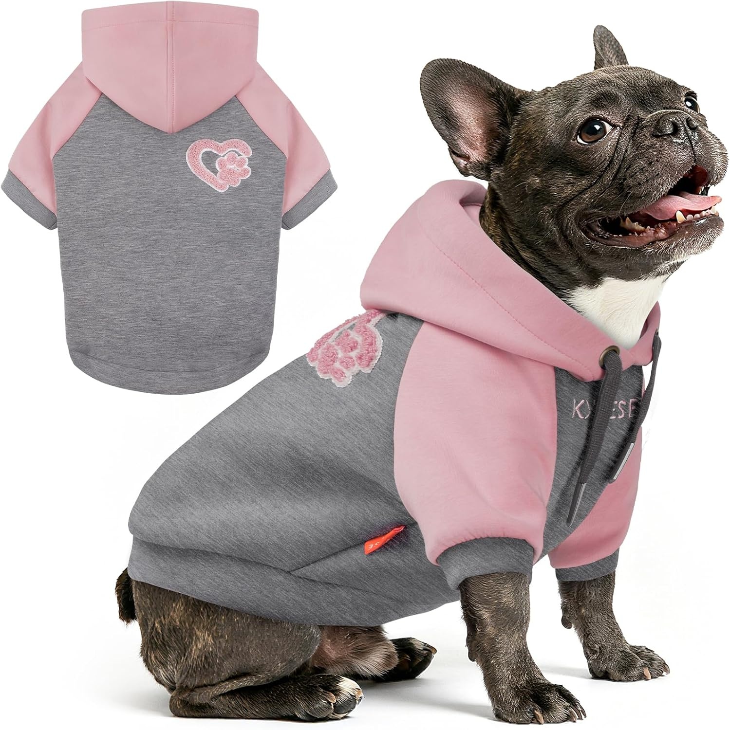 image:imageKYEESE Dog Hoodie Stretchy Dog Clothes for Small Dogs Soft Pet Sweatshirt with Drawstring Dogs Winter Coat for Cold Weather Cat Coat with Leash Hole Comfort Cat Sweater Warm Pet Clothes1Grey Pink