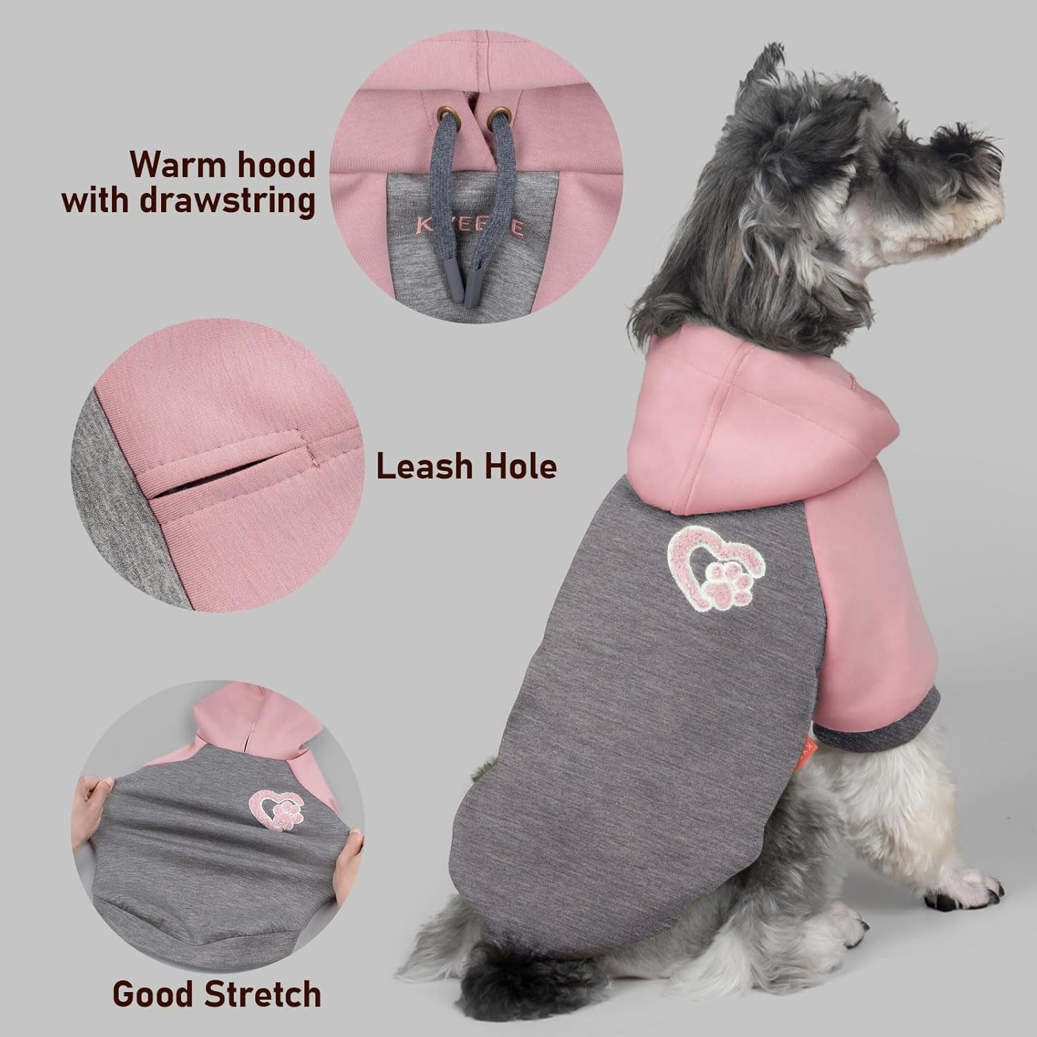 image:imageKYEESE Dog Hoodie Stretchy Dog Clothes for Small Dogs Soft Pet Sweatshirt with Drawstring Dogs Winter Coat for Cold Weather Cat Coat with Leash Hole Comfort Cat Sweater Warm Pet Clothes1Grey Pink