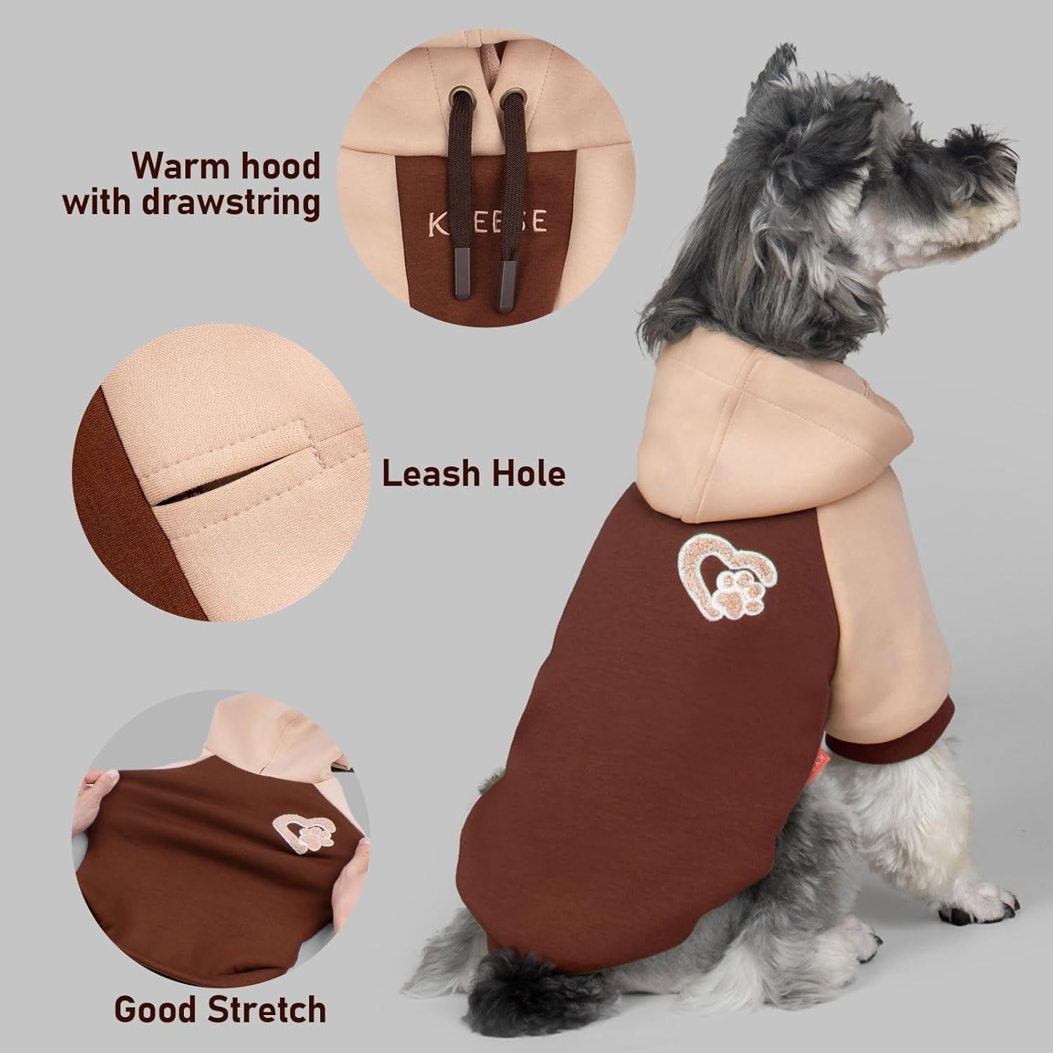 image:imageKYEESE Dog Hoodie Stretchy Dog Clothes for Small Dogs Soft Pet Sweatshirt with Drawstring Dogs Winter Coat for Cold Weather Cat Coat with Leash Hole Comfort Cat Sweater Warm Pet Clothes2Brown