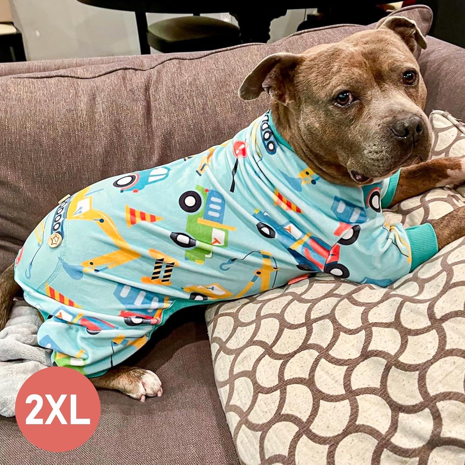 image:imageKYEESE Dog Pajamas Soft Dog Pajamas for Small Dogs Boy Girl Stretchy Dogs Pjs Velvet Pet Jumpsuit Sleepwear Comfy Jammies Lightweight Pet Onesie Outfit Donut M06 Construction Vehicles