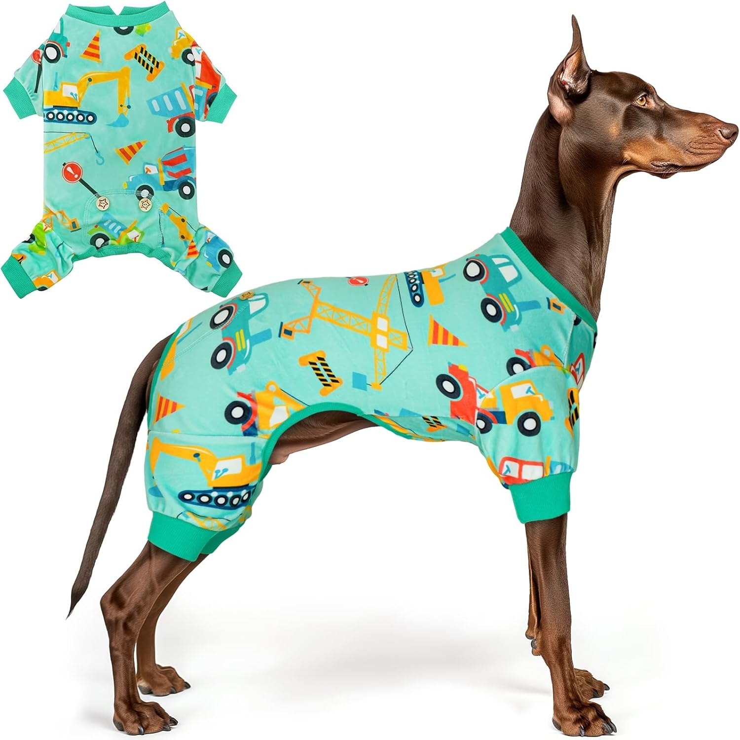image:imageKYEESE Dog Pajamas Soft Dog Pajamas for Small Dogs Boy Girl Stretchy Dogs Pjs Velvet Pet Jumpsuit Sleepwear Comfy Jammies Lightweight Pet Onesie Outfit Donut M06 Construction Vehicles