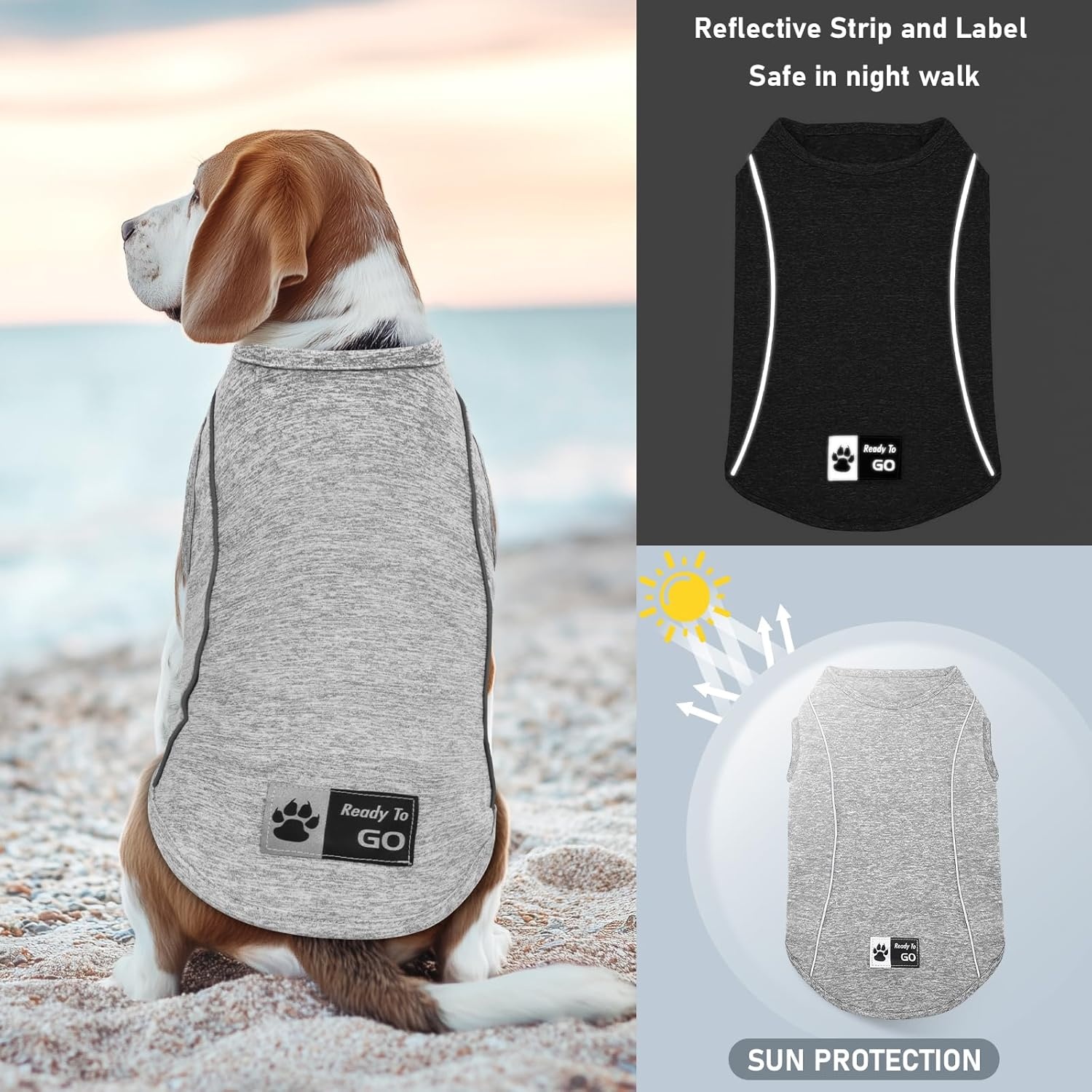 image:imageKYEESE Reflective Dog Shirt Lightweight Sun Protection Dog T Shirts for Small Dogs Boy Breathable Sleeveless Pet Tank Top High Visibility Summer Dogs Clothes for Night Walking Outdoor Blue M2Grey