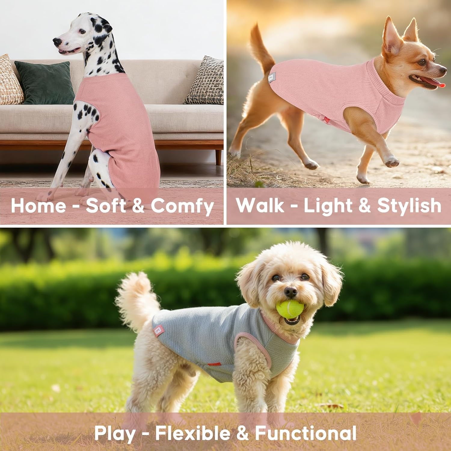 image:imageKYEESE 2Pack Waffle Dog Shirts Lightweight Sleeveless Dog T Shirts for Small Dogs Girl Breathable Pet Vest Comfort Tank Top Soft Dogs Clothes for Daily Wear PinkStriped M08 2PackGreenGrey