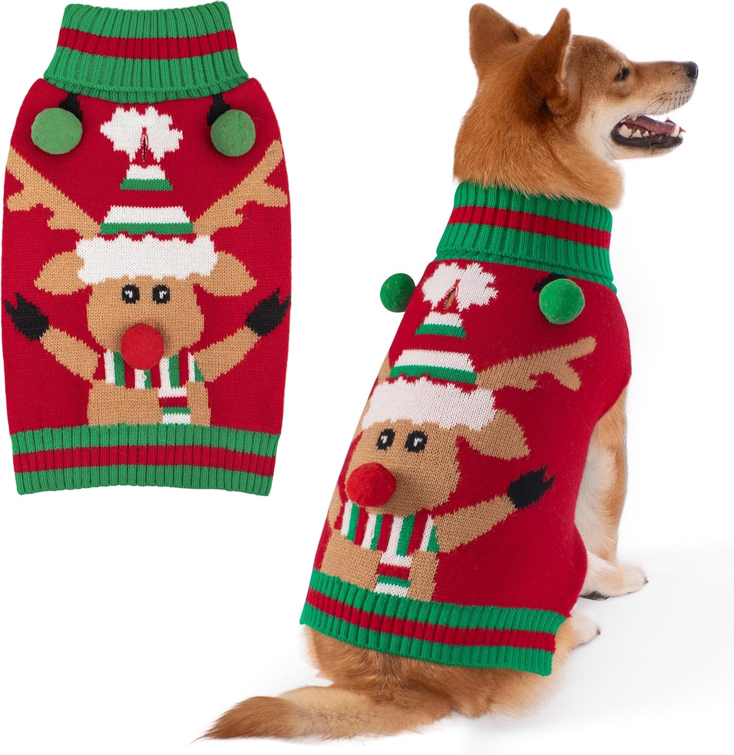 image:imageKYEESE Dog Christmas Sweater with Reindeer Pattern Cozy Festival Dog Sweater for Small Dogs Winter Holiday Doggie Knitwear Outfit with Leash Hole Warm Soft Pet Clothes Medium3 Santa hat reindeer