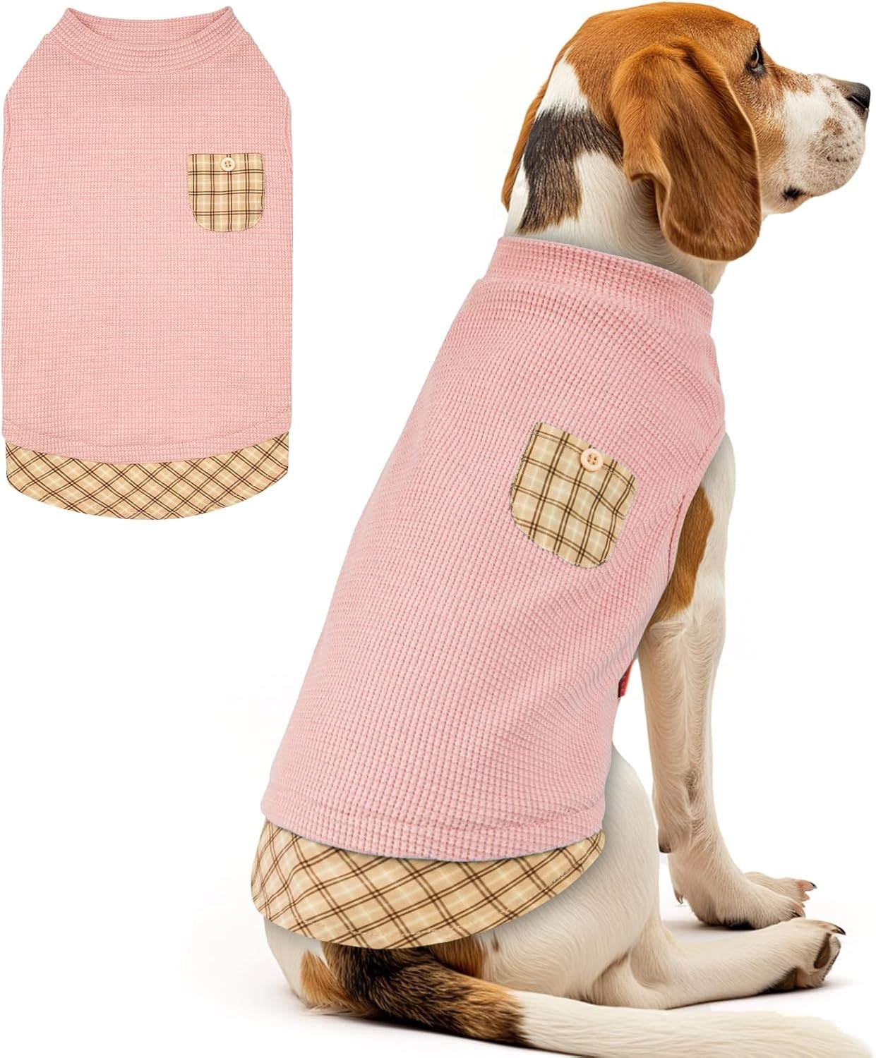 image:imageKYEESE Waffle Dog Shirts for Small Dogs Soft Breathable TShirts Lightweight Sleeveless Pet Vest Stretchy Puppy Clothes with Pocket Decoration and Plaid Patchwork Design Medium5Pink