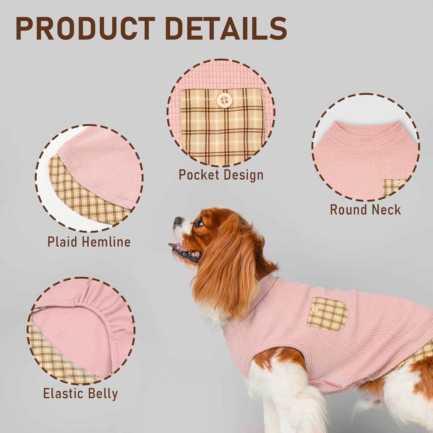 image:imageKYEESE Waffle Dog Shirts for Small Dogs Soft Breathable TShirts Lightweight Sleeveless Pet Vest Stretchy Puppy Clothes with Pocket Decoration and Plaid Patchwork Design Medium5Pink
