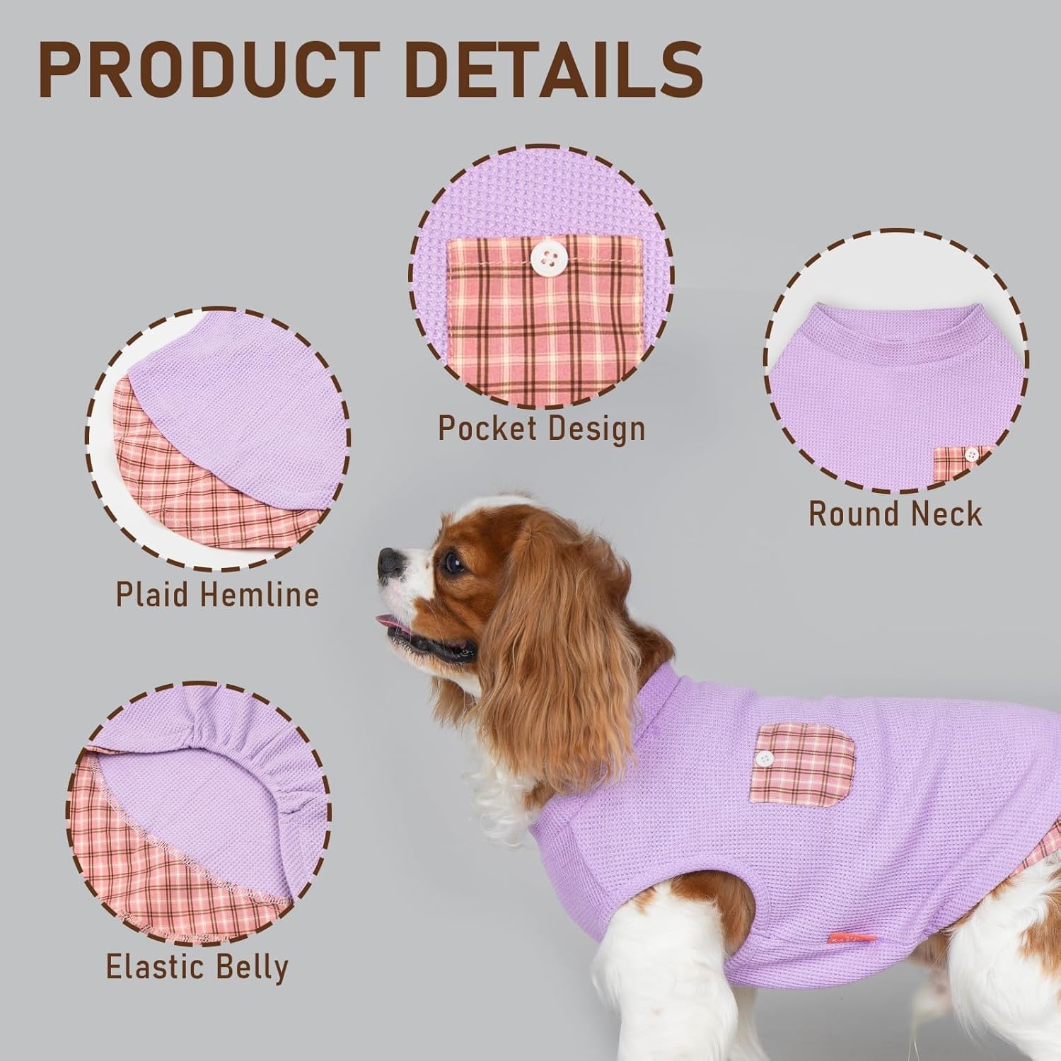 image:imageKYEESE Waffle Dog Shirts for Small Dogs Soft Breathable TShirts Lightweight Sleeveless Pet Vest Stretchy Puppy Clothes with Pocket Decoration and Plaid Patchwork Design Medium3Purple
