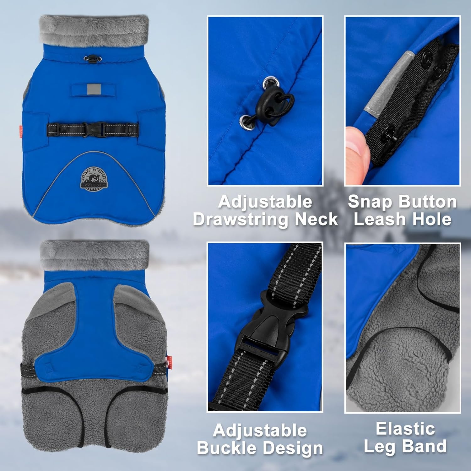 image:imageKYEESE Waterproof Dog Coat Windproof Warm Winter Jacket with Thick Fleece Lined Turtleneck Dog Coats for Small Dogs with Leash Hole Reflective Outdoor Cold Weather Coat Red Medium4 Blue