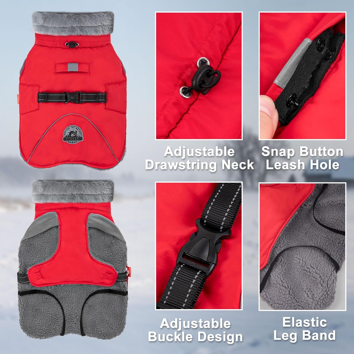 image:imageKYEESE Waterproof Dog Coat Windproof Warm Winter Jacket with Thick Fleece Lined Turtleneck Dog Coats for Small Dogs with Leash Hole Reflective Outdoor Cold Weather Coat Red Medium1 Red